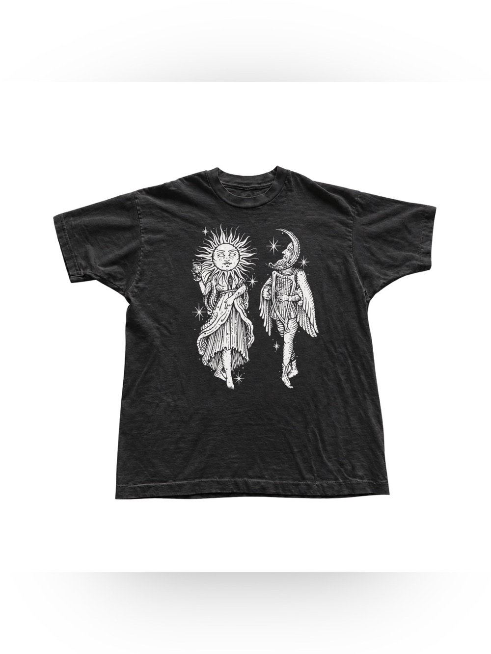 Black Short Sleeve Tee with White Sun & Moon Graphic